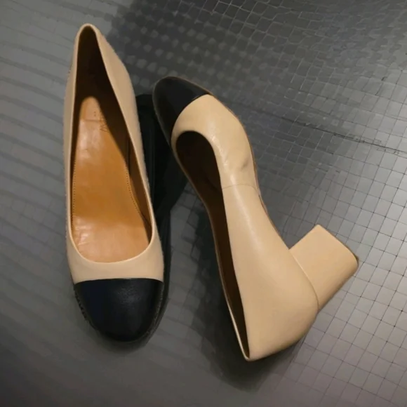 J.Crew women's leather block heel pumps in a beige and black colorblock Sz 10 - Picture 6 of 6